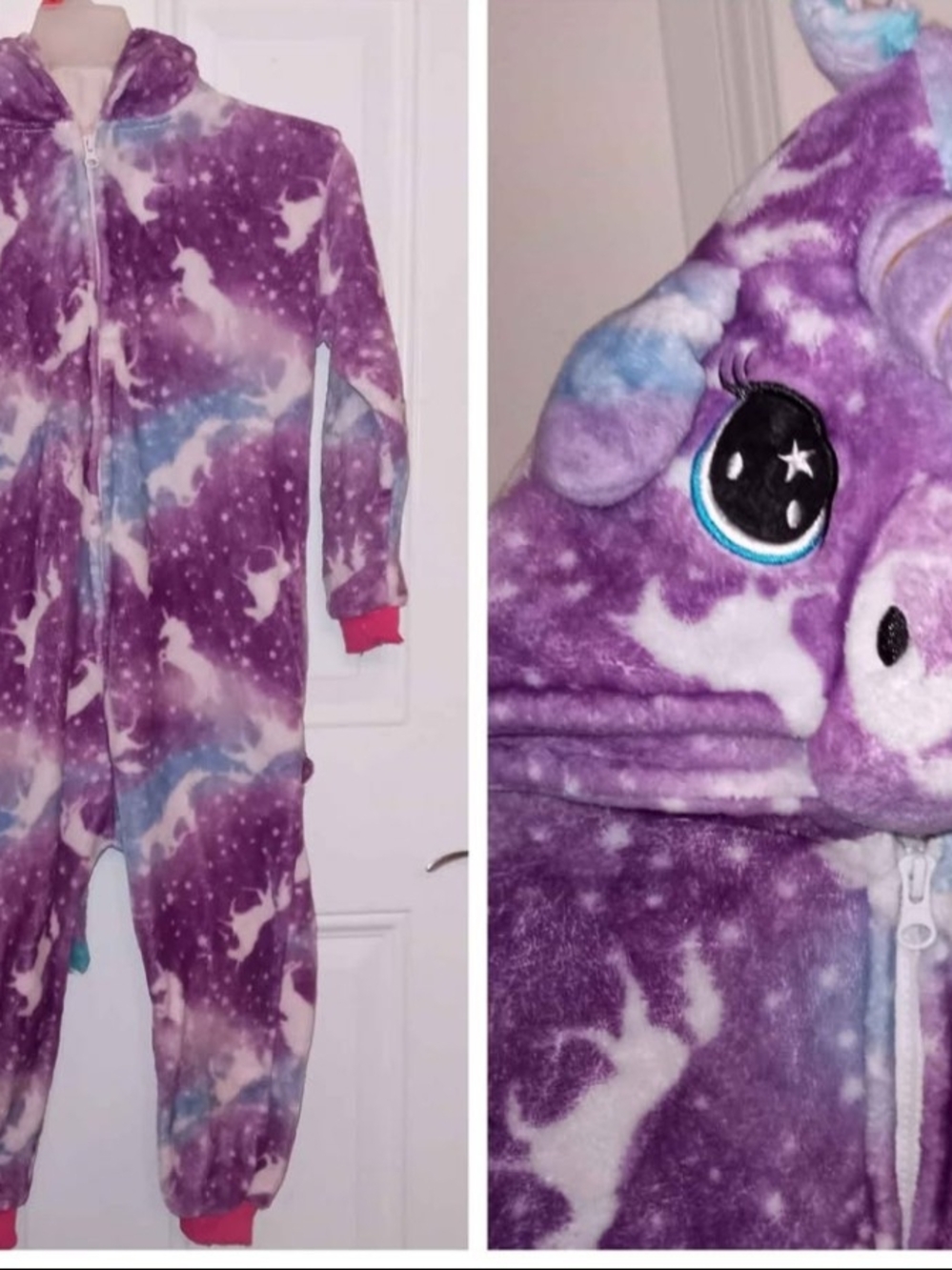Kids Purple Unicorn Fleece One-Piece Hooded Pajamas